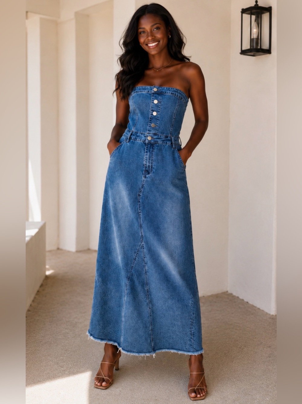 NWT UtCoco Strapless Demin Maxi Dress | Size Medium | Pockets | Stretch